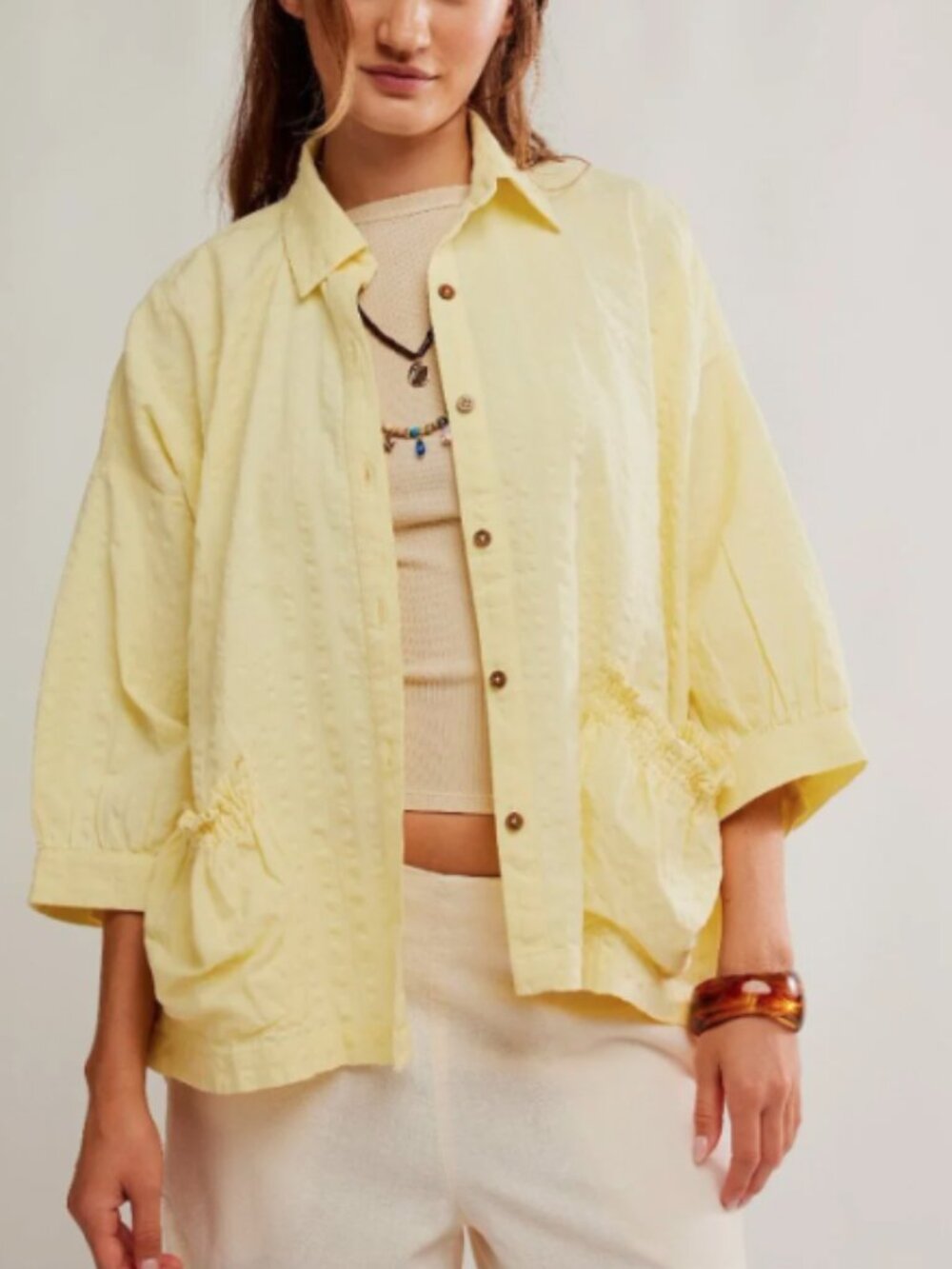 NWT FREE PEOPLE Just Like Me Seersucker Shirt / Banana Cream XS
